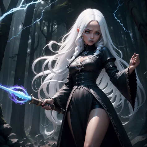 Sorcerer girl. Black skin. White hair. Long hair. Staff of magic. Conjuring an electric bolt. Landscape forest. Gothic.