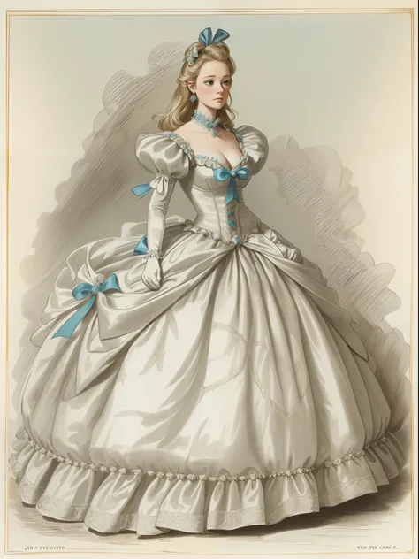 John Tenniel art, frustrated Greer Grammer wearing a stately and elaborate Cinderella ballgown of white satin adorned with (((huge ribbon bows))), rosebuds, embroidery and jewels, with (((enormous puffed sleeves))), an hourglass waist, and a (((voluminous ...