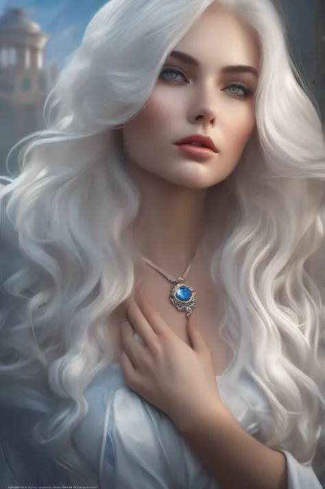 Photo of a gorgeous young woman in the style of stefan kostic, realistic, deep blue eyes, white hair, professionally color graded, full body shot, soft focus, 8 k high definition, insanely detailed, intricate, elegant, art by stanley lau and artgerm