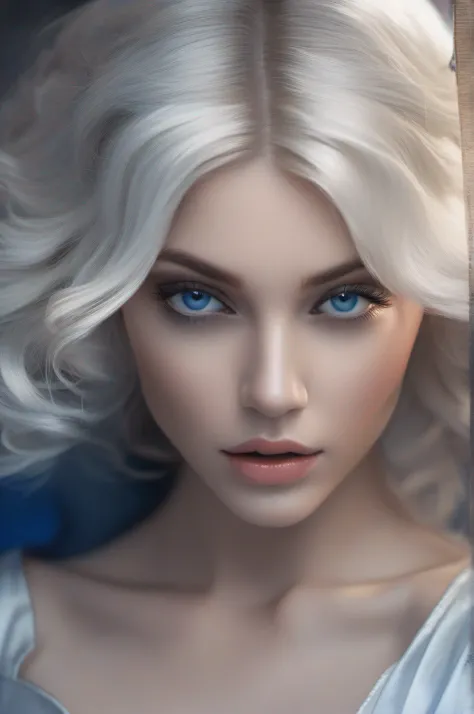 Photo of a gorgeous young woman in the style of stefan kostic, realistic, deep blue eyes, white hair, professionally color graded, full body shot, soft focus, 8 k high definition, insanely detailed, intricate, elegant, art by stanley lau and artgerm