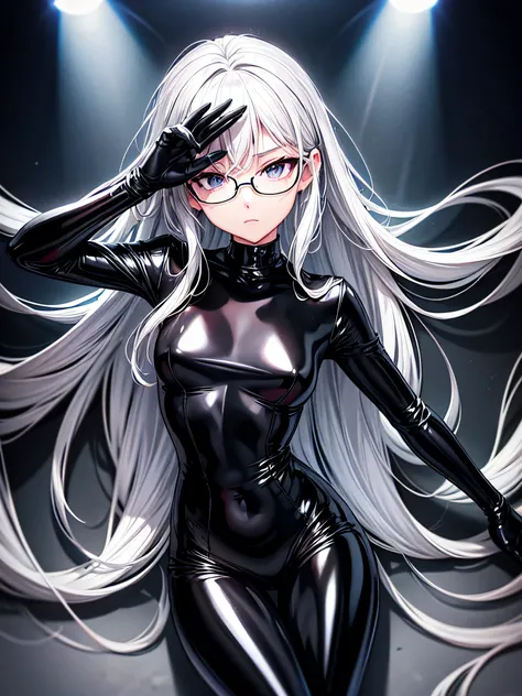 5 8K UHD、Beauty with small nose with silver hair in black shiny black full body rider suit wearing glasses sits with wide crotch open、Wearing a shiny black latex slider suit with hidden skin、Shiny black latex slider suit、Expressionless and upward-eyed beau...