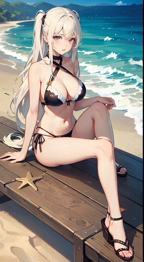 ((Best Quality)), (Ultra-detailed), ((Extremely detailed)), (Beautiful), ((Kawaii Girl)),(two side up hair).,Platinum Blonde Hair,Long hair, hair between eye, Wavy Hair, Long sideburns,Jade-colored eyes, White skin,Normal Chest,Slender body,Cross Halter Bi...