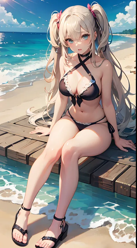 ((Best Quality)), (Ultra-detailed), ((Extremely detailed)), (Beautiful), ((Kawaii Girl)),(two side up hair).,Platinum Blonde Hair,Long hair, hair between eye, Wavy Hair, Long sideburns,Jade-colored eyes, White skin,Normal Chest,Slender body,Cross Halter Bi...