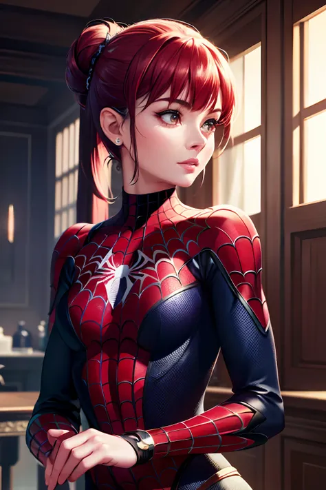 best quality,game cg,1girl, masterpiece, best quality, 8k, detailed skin texture, detailed cloth texture, beautiful detailed face, intricate details, ultra detailed, audrey hepburn, Spider-Man uniform, straight red hair, (Half body:1.2)