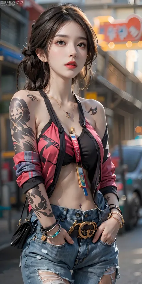 photorealistic, high resolution, soft light,1women, solo, hips up, (detailed face), colorful street wear, tattoo, jewelry