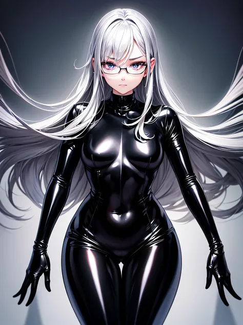 5 8K UHD、Beauty with small nose with silver hair in black shiny black full body rider suit wearing glasses sits with wide crotch open、Wearing a shiny black latex slider suit with hidden skin、Expressionless and upward-eyed beauty with a small nose