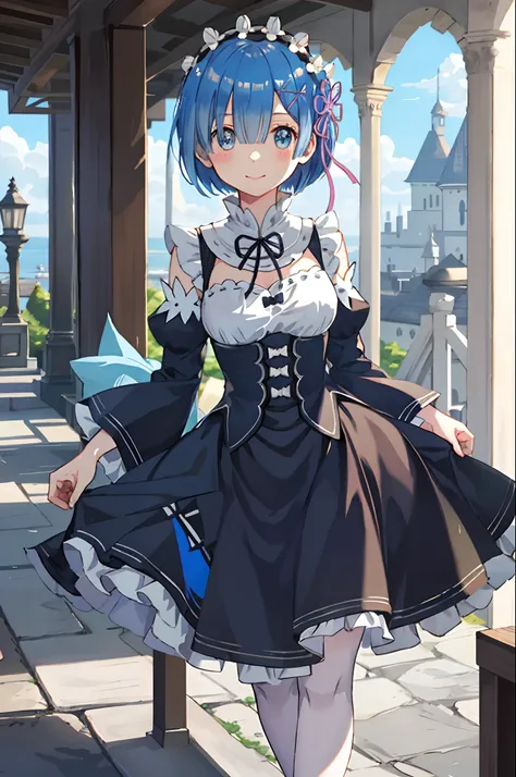 blue hair, rem \(re:zero\), [smile], blush, castle,, masterpiece, best quality, perfect lighting, 1girl, skirt, medium breasts,