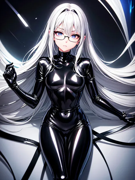 5 8K UHD、Beauty with small nose with silver hair in black shiny black full body rider suit wearing glasses sits with wide crotch open、Wearing a shiny black latex slider suit with hidden skin、Expressionless and upward-eyed beauty with a small nose