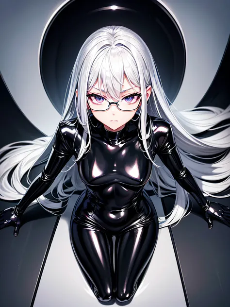 5 8K UHD、Beauty with small nose with silver hair in black shiny black full body rider suit wearing glasses sits with wide crotch open、Wearing a shiny black latex slider suit with hidden skin、Expressionless and upward-eyed beauty with a small nose