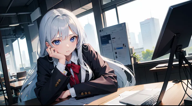 (1girl in),fashionable cafe、TOKYOcty、Anime girl using laptop((I use a laptop))、20yr old、Upper body, mid-shot,(front facing)、 femele, Detailed eyes, ((Beautiful woman on computer)),Semi-long hair, Silver hair、 Bangs,Dark blue business suit、skirt by the、Long...