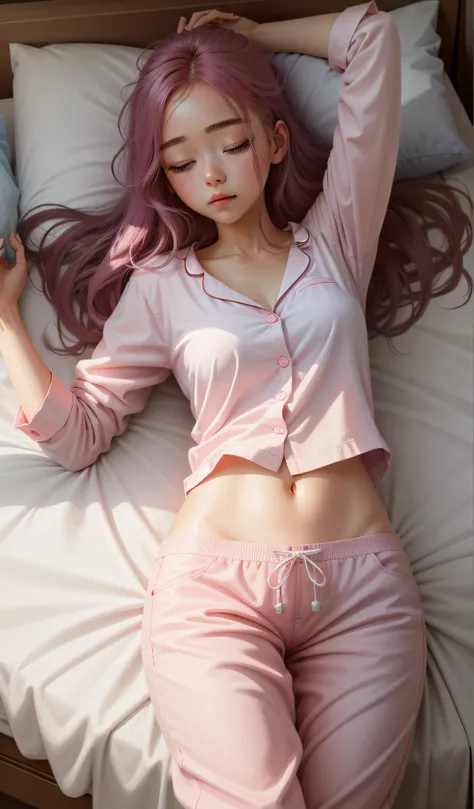 Sleeping girl，22 year old，realisticlying，She wore long trousers，Wearing light blue pajamas，A pink-haired。