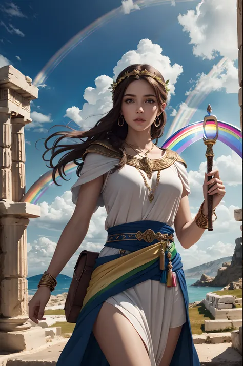 greek goddess of messenger and rainbow, with brown hair, wears greek tunic, holding a messenger staff, caduceus, (((rainbow))), blue sky, Greek Mythology, swift and bright atmosphere, description of ultrra-accurate hands, photorealistic, super detail, mast...