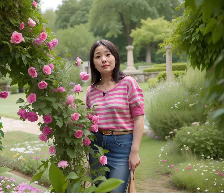 There was a woman standing in the garden，There is a bunch of flowers in the garden，ancient garden behind her