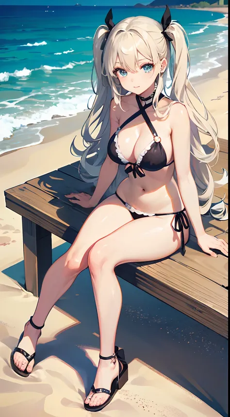 ((Best Quality)), (Ultra-detailed), ((Extremely detailed)), (Beautiful), ((Kawaii Girl)),(two side up hair).,Platinum Blonde Hair,Long hair, hair between eye, Wavy Hair, Long sideburns,Jade-colored eyes, White skin,Normal Chest,Slender body,Cross Halter Bi...