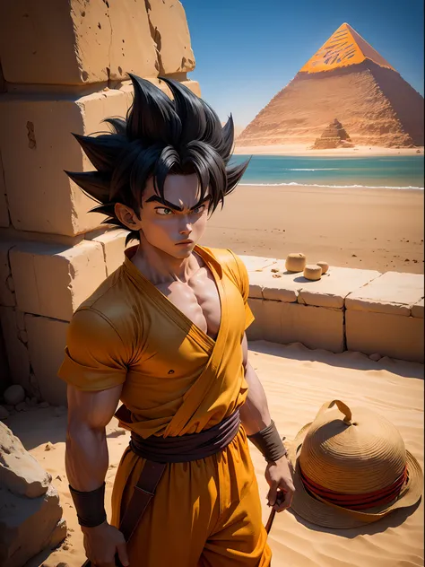 Dragon Ball Son Goku,Archaeological explorer uniform,Hat,whip,in egypt,pyramid,movie set,Realistic, (Best Picture Quality, 8k,）