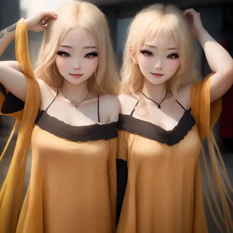 (8K、4K、top-quality、hight resolution:1.1)、(realisitic、Photorealsitic:1.1)、1girl in、独奏、faces、、blonde  hair、bangss、long_hair、a necklace、耳Nipple Ring、s lips、eyeshadows、jewely、(Look at viewers:1.8)、Spaghetti Straps、Black Nightgown、(a smile:0.7)、enticing、 detail...