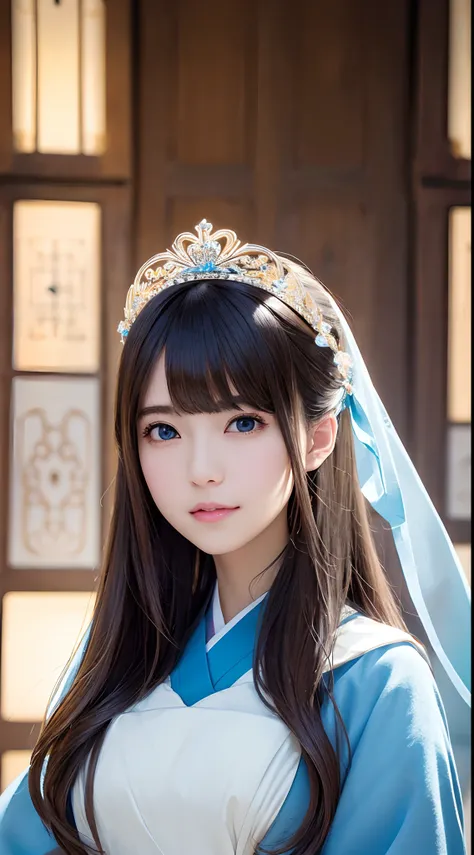 ​masterpiece、one beautiful women、A detailed face、A detailed eye、Detailed skin、top-quality、japanes、Illuminated from the front with bright lighting、profetional lighting、Facing straight ahead、a smile、Western princess costume、Western royal family、Longhaire、Hai...