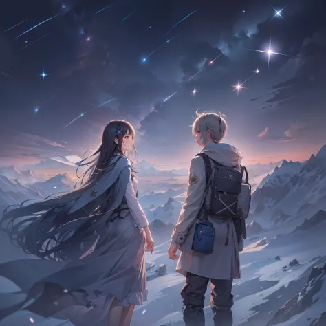 1 girl and 1 man,（Master masterpieces，high qulity，Very detailed，Perfect artwork，CG），Defocused,ultra-wide-angle，Ao olhar para cima，starrysky，The stars shine，snowfield，extreme light