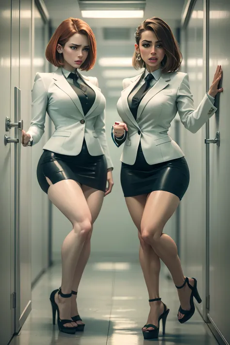 Redhead, Bob haircut, Two girls, sexy secretary, muscular legs, muscular calves, Strong legs, muscular hips, wide thighs, Curvy hips, A full body shot, high-heeled sandals, tights in a net, Stiletto heels, Womens business suit with a short skirt, large rin...