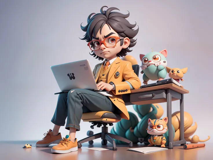 A young man in a suit, Short hair and glasses sat at his desk，holding laptop，digitial painting，tigre，3D character design by Mark Clairen and Pixar and Hayao Miyazaki and Akira Toriyama，4K HD illustration，Very detailed facial features and cartoon-style visu...