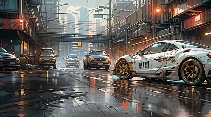 Chasing sports cars, Buildings sparkling under neon lights, Midnight Urban Cyberpunk Style, Mirror reflecting rain on the ground, The picture is full and delicate, View the highest quality and high level of detail.