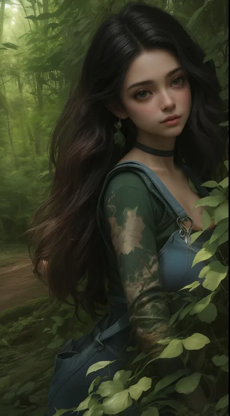 1 garota fada de perfil ,Angle of Close,morena cabelo curto cacheado, Sexy overalls clothing,seios grandes , forest background various fairies ,8K Ultra realista