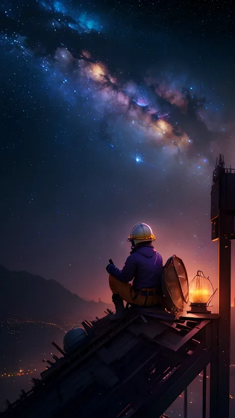 Expansive landscape photograph，Vast starry sky，look from down，Above is the sky，(((A Chinese construction worker sitting on a construction steel frame below，looking at the stars:1.5))），(((Bring a hard hat:1.5)))，（moon full：1.2），（meteors：0.9），（Starcloud），Dis...