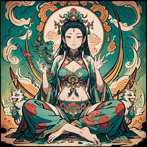 an ancient Chinese goddess, guanyin of the southern seas, Guanyin, Inspired by India, Avalokiteshvara rides a dragon，,Serene expression,shui mo hua,Buddha,Buddhist,Lotus,Chinese painting style,Thangka style