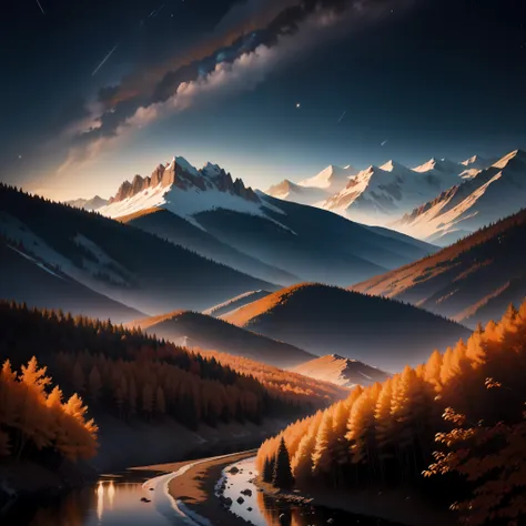 landscape, mountain view, floating leaves, autumn, light and shadow, dream, shooting stars, evening