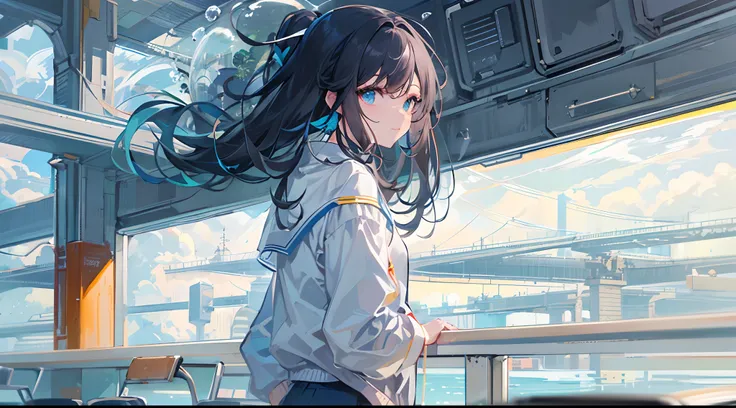 ((top-quality)), ((​masterpiece)), ((ultra-detailliert)), (extremely delicate and beautiful), girl with, 独奏, cold attitude,((Black jacket)),She is very(relax)with  the(Settled down)Looks,A dark-haired, depth of fields,evil smile,Bubble, under the water, Ai...