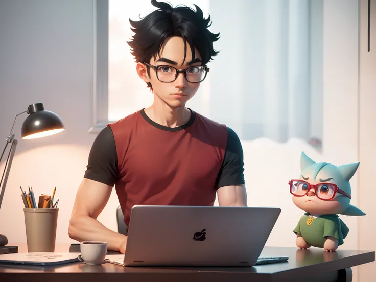 A young man with glasses sits at his desk，holding laptop，digitial painting，3D character design by Mark Clairen and Pixar and Hayao Miyazaki and Akira Toriyama，4K HD illustration，Very detailed facial features and cartoon-style visuals。