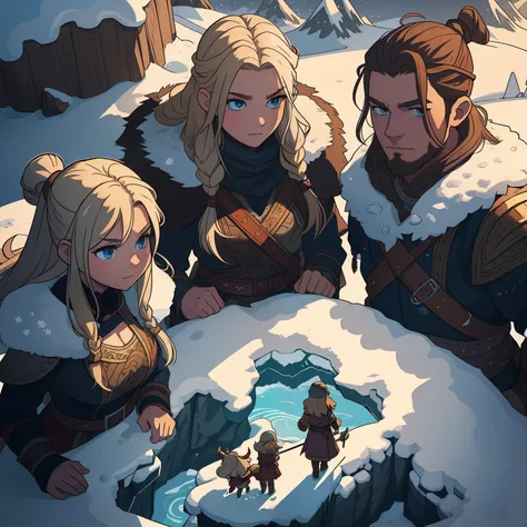 (masterpiece), best quality,4 viking characters (2 girls and 2 men's)  on snow mountain landscape,  (game title),intro,(animated...