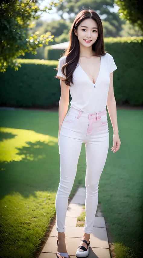 1 beautiful woman taking pictures on the grass of the villa，RAW photos，tmasterpiece，（highdetailskin：1.2），8k ultra high definition，digital SLR camera，gentlesoftlighting，high high quality，filmgrain，富士XT3，20 years old Asian woman，Wear simple clothes，（White lo...