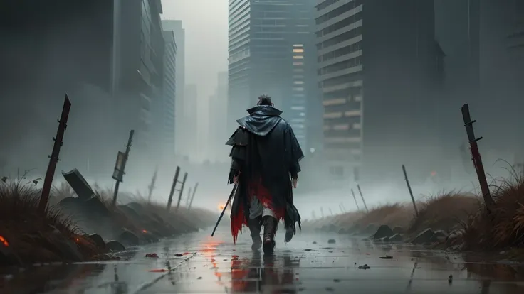 A lone ronin in a torn and bloody cloak walking in the rain