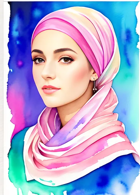 Watercolor style,Caucasian woman with a pink headscarf watercolor painting banner , Cancer concept. portrait of a woman, luminous design, pastel colors, ink drops, autumn lights