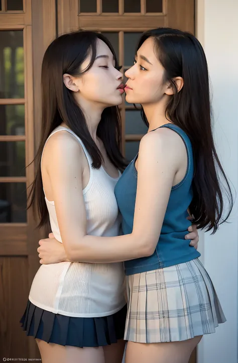 realistic,photorealistic,raw photograph,2 women having fun,leering:1.2, super big eyes:1.5,lecherous:1,2, Hentai:1,2, NSFW:1,2, Lesbian Yuri:1,2, Kissing, Blushing, Wear a tank top and pleated miniskirt, Hot summer days