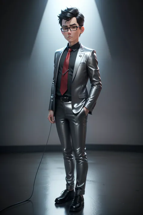 3d Pixar boy with silver jacket, silver pants, red tie, black shoes, 50 years old, with microphone in hand