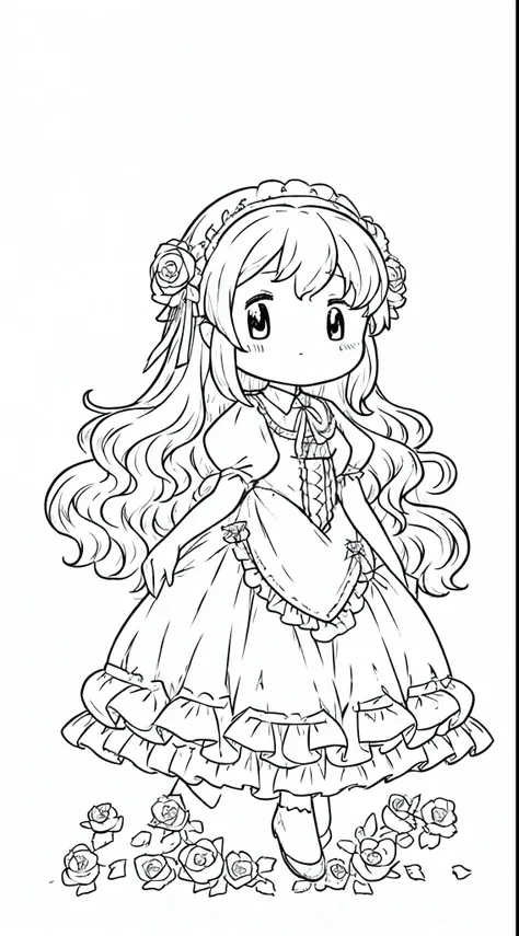 chibi, detailed beautiful coloring book、 line-drawing、portrait of the magical lolita girl,dress simple、 coloring book style, mon...