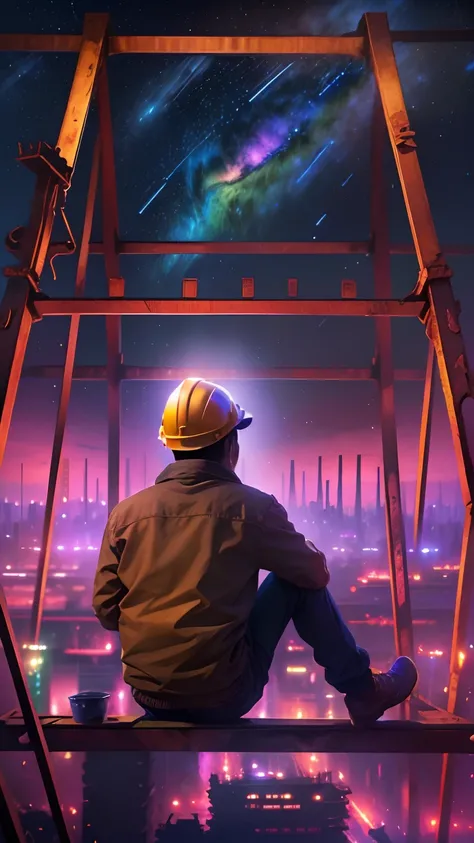 Expansive landscape photograph，Vast starry sky，look from down，Above is the sky，(((A Chinese construction worker sits on a steel frame for construction，Workers look up at the stars:1.5))，（moon full：1.2），（meteors：0.9），（Starcloud），（Warm light source：1.2），（glo...