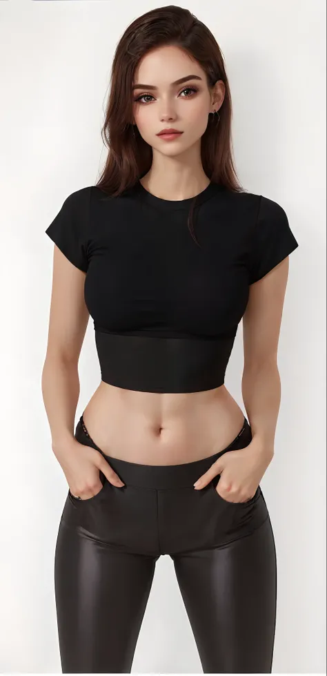 Beautiful woman in black shirt and legging pants posing for a photo, usando um top cropped sexy, physical : tinyest midriff ever, tinyest midriff ever, midriff exposto, Midriff Nu, usando crop top, cintura magra e quadris grossos, usando um top cropped, us...