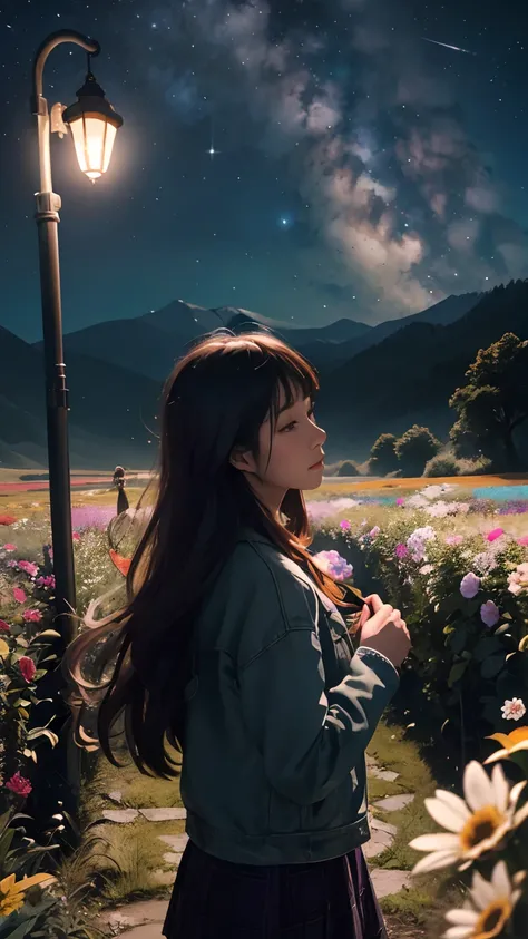 Expansive landscape photography，（a bottom view showing the sky above and open country below），a girl standing in a field of flowers looking up，（moon full：1.4），（meteors：0.9），（Starcloud：1.3），mountain in the distance，tree-breaking production art，（Warm light so...