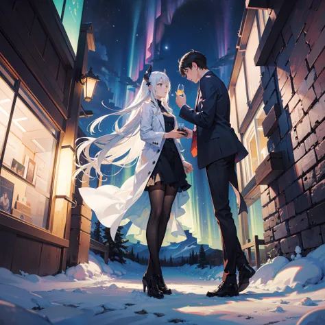 1 girl and 1 man,（Master masterpieces，high qulity，Very detailed，Perfect artwork，CG），Defocused,ultra-wide-angle，Ao olhar para cima，star，starrysky，The stars shine，snowfield，aurora borealis