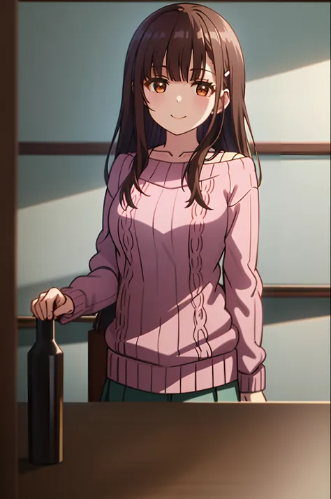 Best quality, (Masterpiece:1.2), Highly detailed, Indoors, standing,
1girll, Solo, irido yume, Upper body,
looking at viewert, Closed mouth, Smile, Medium breasts,
Brown eyes, Dark brown hair, Long hair, haiorclip, Pink sweater, cropped shoulders