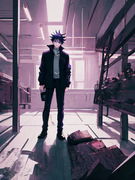 (Best Quality, Masterpiece), ((1boy)), Megumi: 1.2, black hair, Black Eyes, sits on a chair, muscle scar, black jacket, looking a viewer, Gloomy mood, purple backdrop, Magic Battle, Fan art, dramatic  lighting, pastel colours, epic composition, Ultra HD, h...