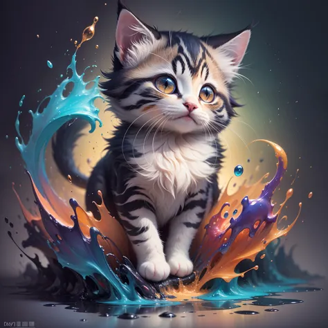 Splash Art, Liquid cute kitten made of color,Colorful paint splash style, hyperdetailed intricately detailed, Fantastical, intricate detailes, Splash Screen, Complementary color scheme, Fantasy, Concept art, 8K分辨率, deviantart masterpiece, Moonlight