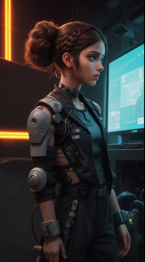 1 Egyptian girl in profile ,close up angle, brown hair braids, Sexy short jumpsuit clothes, torn shirtless jumpsuit,seios grandes , (with cybernetic prostheses),fundo cyberpunk neon a noite ,8K Ultra realista