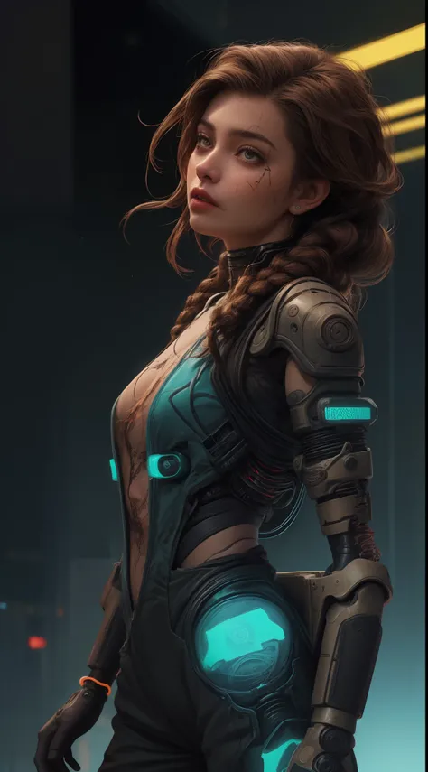 1 Egyptian girl in profile ,close up angle, brown hair braids, Sexy short jumpsuit clothes, torn shirtless jumpsuit,seios grandes , (with cybernetic prostheses),fundo cyberpunk neon a noite ,8K Ultra realista