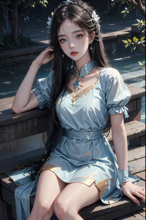 (best qualtiy, 8K,realisticlying，photore，tmasterpiece:1.3)，3D，One hand on the ground, The other rubs the hair，sitting at the edge of pool，Legs crossed，wearing blue dress，blackstockings，Exquisite facial features，Smoky makeup，lipsticks，cosplay，very pretty gi...