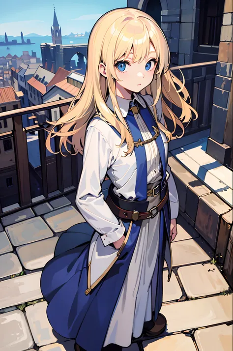 Masterpiece, Best quality, 1girll, Blue eyes, Blonde hair, Medieval city, view the viewer, Robe, Hands in pockets