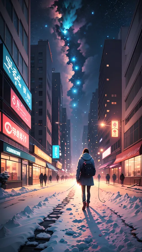 anime scenery of a city with a tower and a person walking on a snowy path, cosmic skies. by makoto shinkai, beautiful anime scene, makoto shinkai cyril rolando, anime background art, beautiful anime scenery, anime art wallpaper 4k, anime art wallpaper 4 k,...